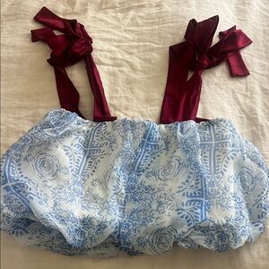 Elegant Blue Floral Crop Top with Burgundy Straps